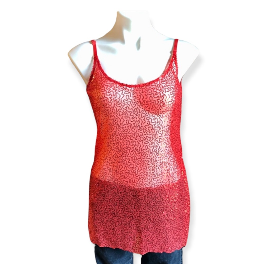 3/$20 METAPHOR Red Sequined Tank Top Sheer Size Medium